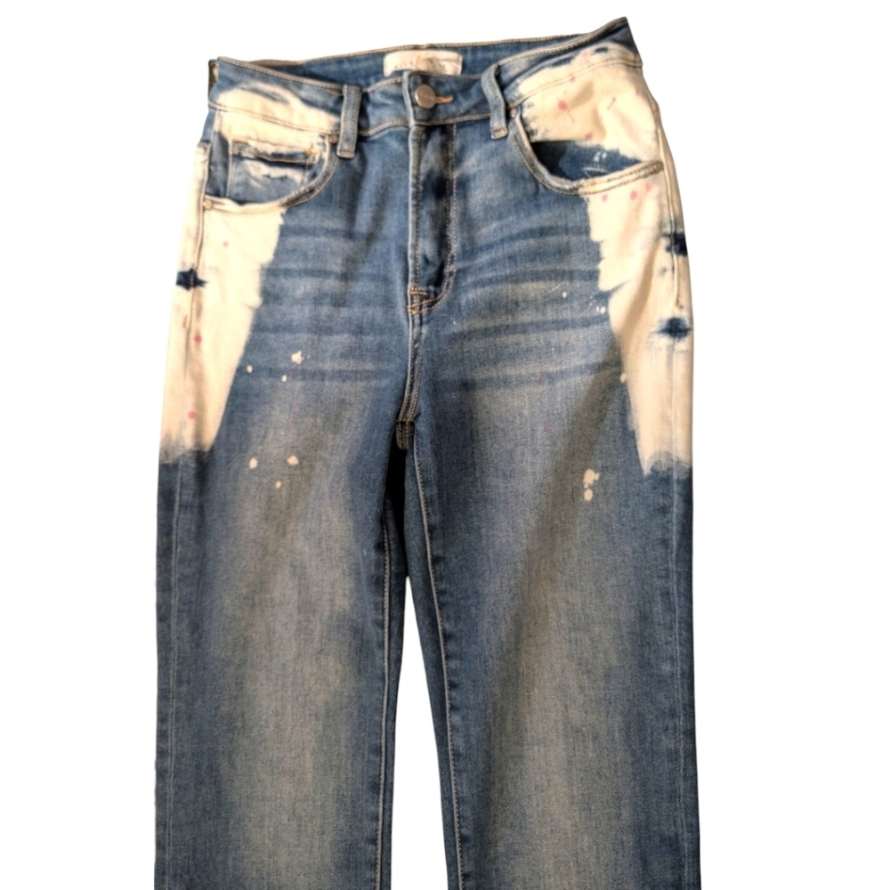 Risen Two Tone Bleach Denim Jeans Size 27 Straight Leg High Rise Contrast Wash - Picture 3 of 12